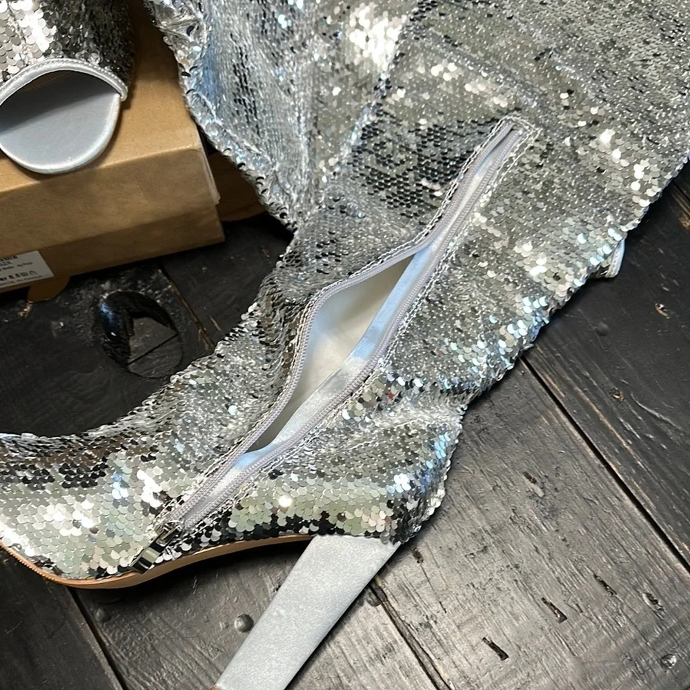 KHPAERMEI Sparkly Thigh High Open Toe Chunky High Heel Boots - Silver Sequin